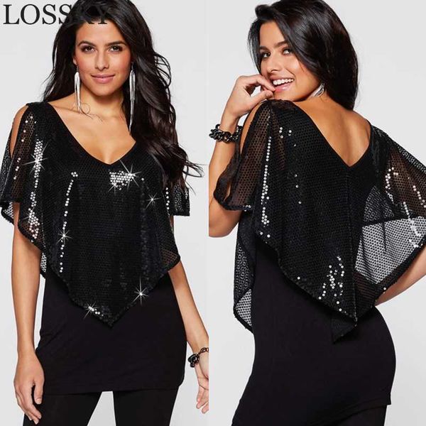 Été Sequin Blouse Femmes Casaul V Cou Hors Épaule Châle Volants Sparkle Glitter Dames Tops Chemise Camisetas Ropa Mujer 210721