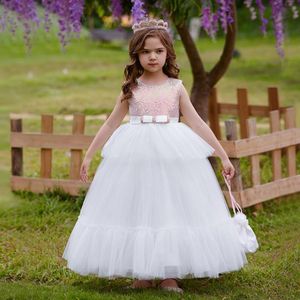 Summer Sequin White Tulle Girls Hobe Bridemaid Princess Kids Party Robes For Girl Bow Wedding Première Communion Costume de soirée