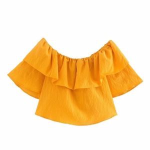 Blouses sexy d'été Slash cou de l'épaule chemisier jaune et chemises à manches courtes chic volants Blusas Feminino 210430