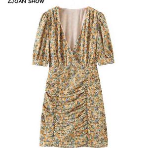 Zomer Sexy Cross V-hals Floral Print Vrouwen Jurk Dames Korte Mouw Veengeruwde Ruched Package Heupen Bodycon Mini Party 210429