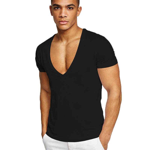 Été Sexy col en V profond hommes t-shirt coupe basse col en V large Vee t-shirt homme à manches courtes causal solide hauts Invisible sous-vêtement G1222