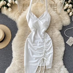 Été Sexy cordon moulante Dres blanc licou Mini robes dames taille haute sans manches Club Robe de soirée femme 220613