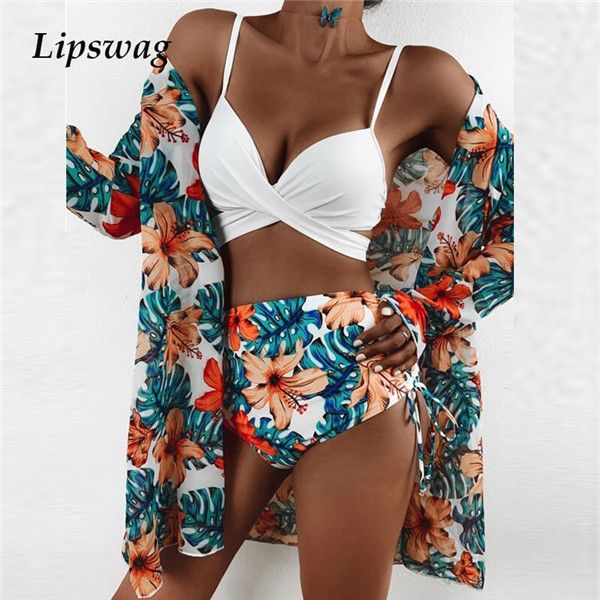 Été Sexy imprimé fleuri Bikini maillot de bain femmes 3 pièces taille haute Bikini ensemble maillots de bain femme brésilien Push-Up maillot de bain