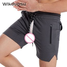 Zomer Sexy Onzichtbare Dubbele Ritsen Open Kruis Broek Merk Voetbal Basketbal Shorts Homme Gym Pocket Heren Kleding 240325