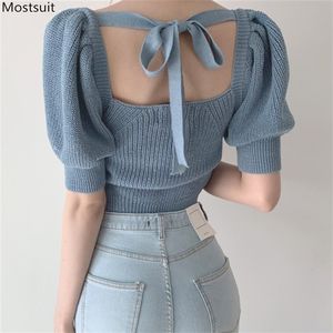 Zomer Sexy Gebreide Tops Vrouwen T-shirt Koreaans Tee Shirt Femme Bandage Lace Up Puff Sleeve Square Collar Hol SHIRTS 210513