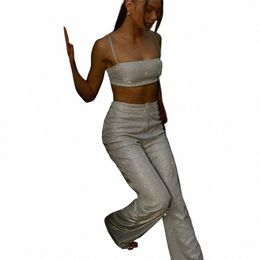 Verano Sexy Lady Lg Pantalones Trajes con negro blanco brillante Tees Sujetador corto de talle alto Sleevel Top Conjuntos de 2 piezas Traje de mujer X8rU #