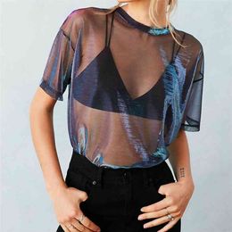 Zomer Sexy Mesh Tee Doorzichtige Vrouwen Korte Mouw Perspectief Shine Casual Tops Lady Vintage Blusa 210607