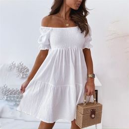 Été Sexy Hors Épaule Femmes Robe Plissée Manches Bouffantes Dos Nu Parti Robes De Plage Élégante Longueur Au Genou Slash Cou Robe Robe 220527