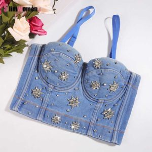 Zomer Sexy Push Up Bras Camisole Top Bustiers Streetwear Korea Sweet Women Pink Corset Denim Crop Top met Borst Pad 210709