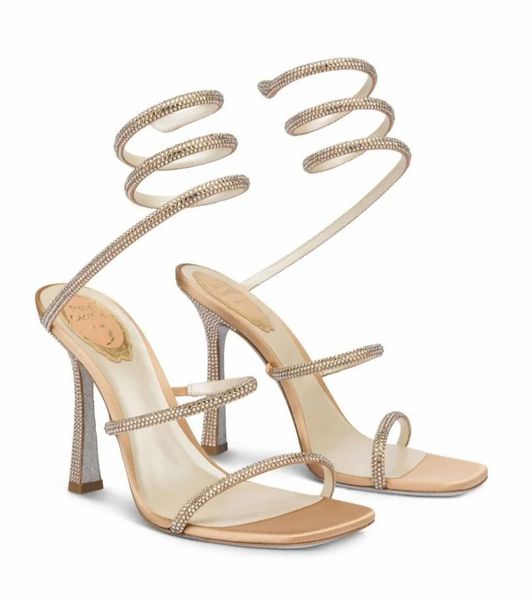 Verano Sexy Rene Cleo Sandalias Zapatos Mujer Tacones con incrustaciones de cristal Suelas brillantes Caovilla Cristales Espiral Tobillo Correa Señora Vestido de fiesta Bonito Gladiador Sandalias