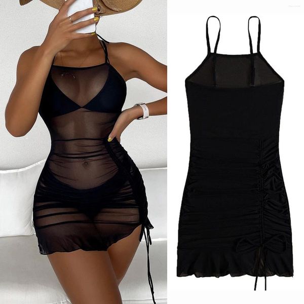 Summer Sexy See a través de Bodycon Solid Mini Dress Suites de baño PAREO encubrimiento 2024 Store Mesh Mujeres Swimsuit Up