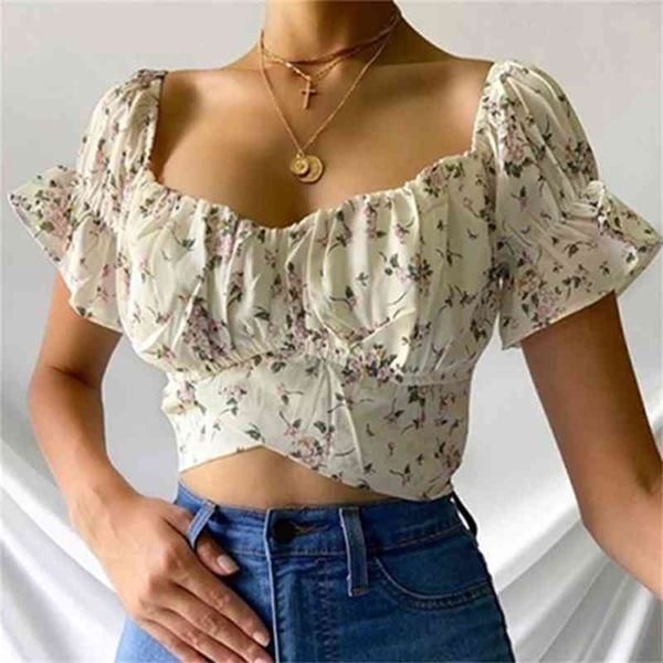 Sommer Sexy Kurzarm Top Damen Französisch Retro Floral V-Ausschnitt Kurzarm T-Shirt Schlank Abnehmen Wild High Waist T-Shirt 210702