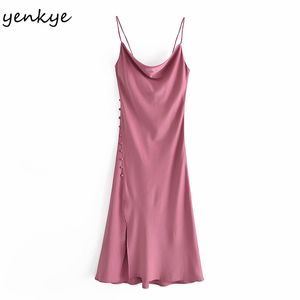 Été Sexy Sling Dress Femmes Couleur Unie Satin Bouton Latéral Fentes Longue Femme Night Out Robe 210430