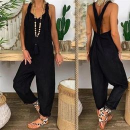 Zomer sexy solide dames jumpsuit playsuit casual overallsbib algehele mouwloze backless geknoopte dungarees 240429