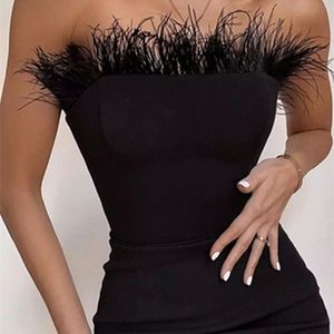 Zomer Sexy Strapless Backless Feather Black Midi Vrouwen Bodycon Bandage Jurk Designer Fashion Party Club Jurk Vestido 220705