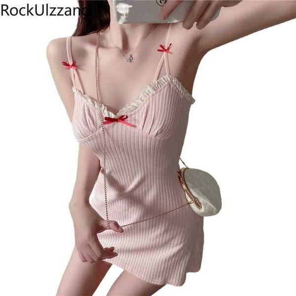 Été Sexy Doux Lolita Mignon Hors Épaule Arc Sangle Volants Volants Cou Long Camis Taille Haute Bandage Robes Coréen Party Club 210616