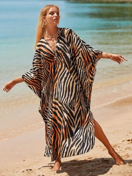 Summer sexy tigre estampado a rayas mangas de bate lateral dividido playa playa talla grande kaftan trajes de baño bikini encabezados mujeres ropa