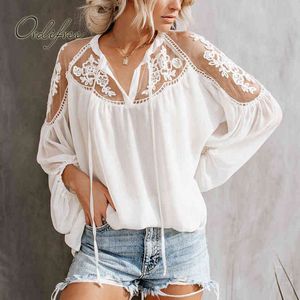 Zomer Sexy Transparant Shirt Lange Mouw See Through White Lace Beach Blouse Tops 210415