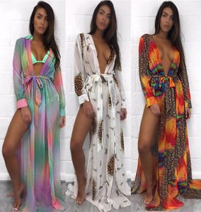 Été Sexy Femmes en mousseline Kimono Bikini Cover Up Femme Leopard Couleur Couleur Split Cardigan plage Maxi Blouses CoverUps2922713