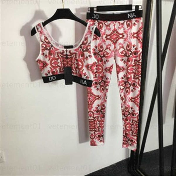 Été Sexy Femmes Yoga Survêtement Vintage Imprimé Floral Lettres Ruban Taille Débardeur Extensible Maigre Leggings Deux Pièces Ensemble Designer Survêtement