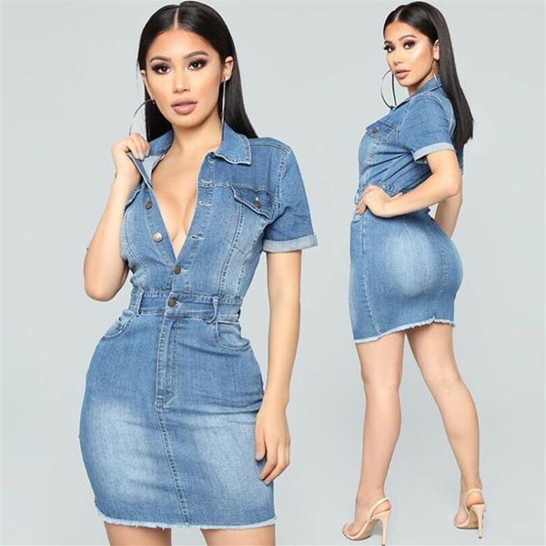 Robe chemise d'été en denim pour femmes, col en v profond, sexy, décontractée, ample, manches courtes, en coton, de styliste, 2205