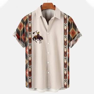 Zomer shirt voor mannen vintage etnische print casual mannen korte mouw Hawaiian t -shirt cowboy revers knop blouse streetwear 240407