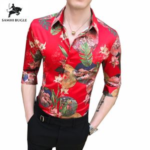 Chemise d'été hommes mode coupe ajustée chemises habillées homme demi manches imprimé coiffeur chemise de travail homme nouveau modèle smoking hommes