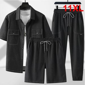 Zomeroverhemden Shorts Denim Pakken Men Plus maat 11xl Mens Sets Fashion Casual Solid Color Jean Shirt Male Big Size Sets 240412