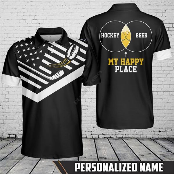 Chemises d'été femmes pour hommes Personnalisez votre nom Hockey et bière My Happy Place Polo 3D imprimé à manches courtes t 01 220704