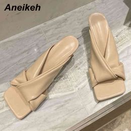 Chaussures d'été pour femmes PU Peep Toe talon mince pantoufles mode peu profonde concise loisirs bord retourné fête solide 210507