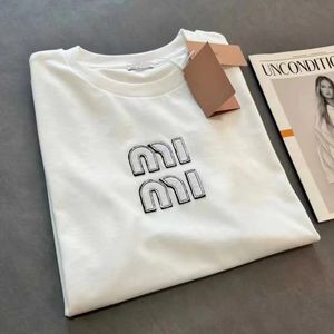 Miu Fashion T-shirt dames hoogwaardige katoenen crew neck t-shirt borduurwerk veelzijdige casual casual korte mouw dames zomer kleding gebreide korte mouw t-shirt