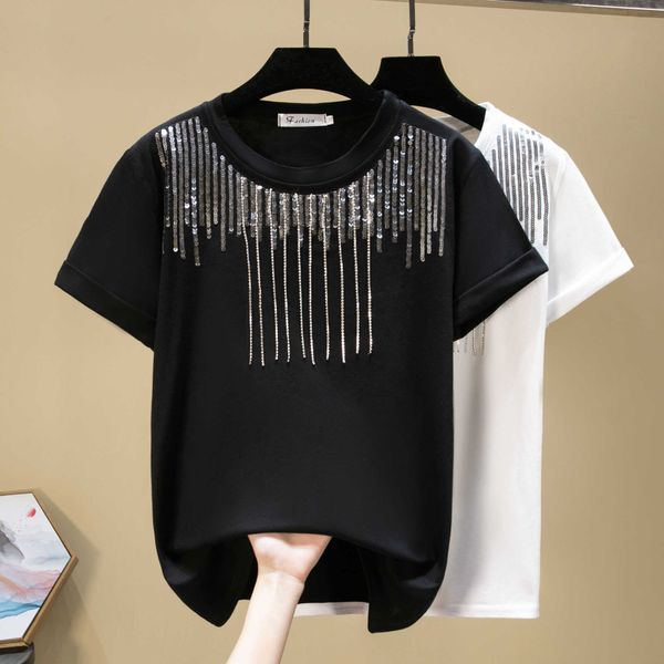 Été à manches courtes diamant t-shirt mode Style coréen t-shirt Femme blanc noir t-shirts femmes décontracté couverture en coton 210604