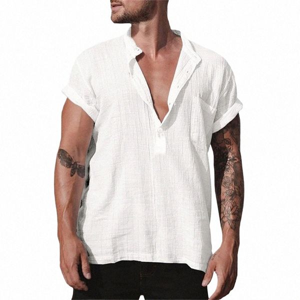 Verano de manga corta camisa formal masculino elegante camisas de lino blusas sueltas camisas sociales blancas hombre bolsillo casual top hombres ropa r4ao #