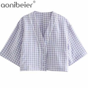 Zomer Korte Mouw Paars Plaid Crop Tops White Trim V-hals Button-Up Women Shirts Drop Schouder Casual Blouses 210604