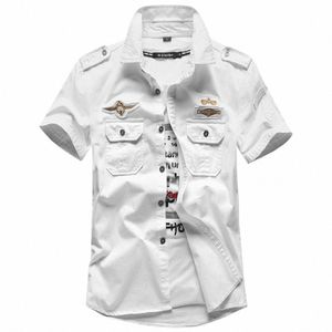 Chemise à manches courtes d'été Pilote Uniforme militaire Badge Chemise à manches courtes Grande taille Casual Slim Couleur unie Top Vêtements pour hommes t1MW #