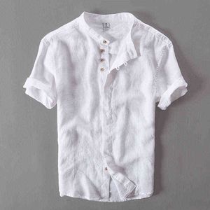 Camisas de manga corta de verano para hombres de lino puro estilo delgado Casual Blanco sólido Tops talla grande M-4XL ropa Vintage masculina G0105