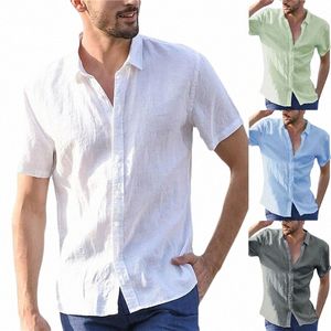 Été Chemises à manches courtes Homme Cott Chemise en lin Blouses Hommes Blanc Social Chemise formelle Busin Casual Chemise haute Hommes Vêtements A9HQ #