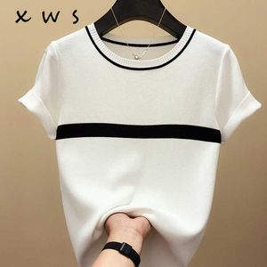 Summer Short Sleeve Striped Pullover Women Sweater Knitted Sweaters O-Neck Tops Korean Pull Femme Jumper thin sweater 210604