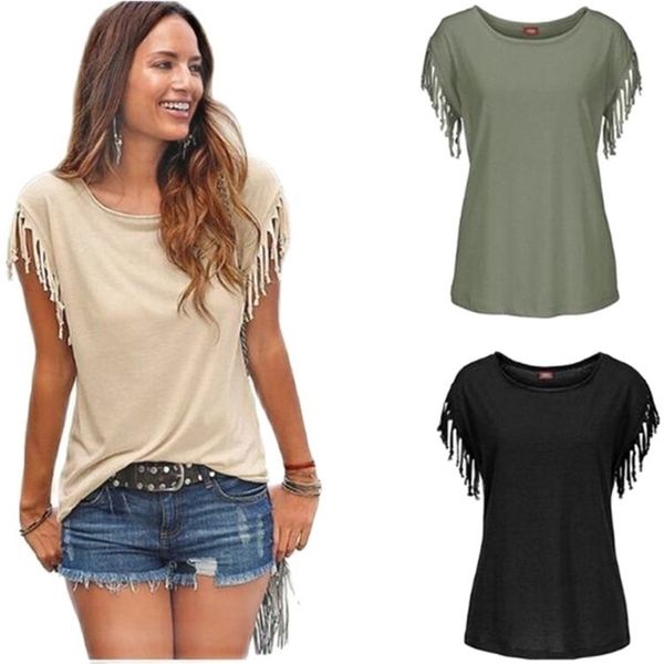 Verano manga corta borla moda camiseta mujer Simple cuello redondo Tops básicos ocio señoras Streetwear camisetas sólidas 220408