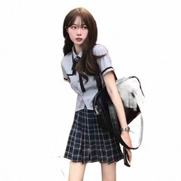 Conjunto de uniforme de manga corta de verano Conjunto de dos piezas de estilo de la Academia japonesa y coreana para niñas Camisa azul Falda a cuadros negra Arco brillante i8tM #