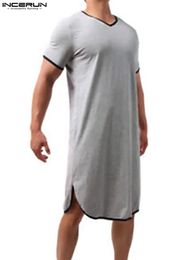 Été à manches courtes col en V Homewear INCERUN hommes Patchwork robes de sommeil Hombre lâche confortable peignoirs décontracté solide chemise de nuit S-5XL 240108