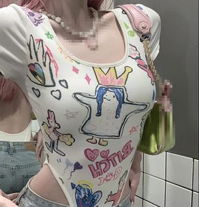 Zomer korte mouwen T-shirt vrouwelijk hete sexy meisje holle backless graffiti printing Koreaanse slanke uit één stuk tops