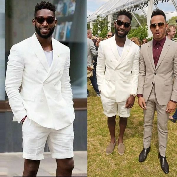 Trajes cortos de verano de lino de doble botonadura para hombre, esmoquin de boda, ropa de fiesta de negocios, graduación, los mejores hombres, chaqueta, traje, pantalones, chaqueta