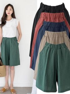 Zomer shorts voor vrouwen katoenen linnen elastische taille knielengte vaste kleur wide been korte vrouwen s los 220725