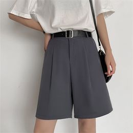Zomershorts voor vrouwen Wijd been Hoge taille Zwart losse Koreaanse stijl Vintage vrouwelijke knielengte grijs pak durikies 220630