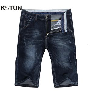 Shorts d'été Jeans hommes shorts denim stretch bleu foncé design de la mode masculine mince mâle raide jeans courte du genou longueur 240516