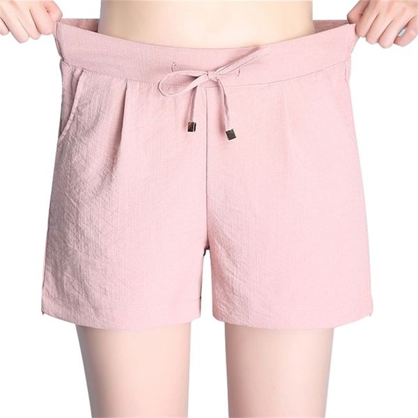 Pantalones cortos de verano Damas Algodón y lino Cintura elástica suelta Casual S-4XL 210714