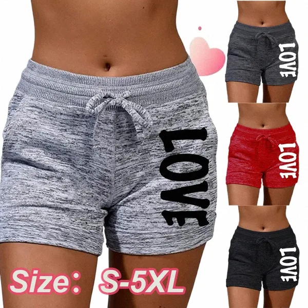 Shorts d'été pour femmes, imprimés d'amour, shorts à séchage rapide, shorts de yoga, sports de loisirs, taille haute, cordon de serrage, e P7sZ #