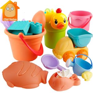 Été Silicone Soft Baby Beach Toys Kids Mesh Sac Bath Play Set Party Cart Ducks Bucket Sand Moules de sable Moules d'outil