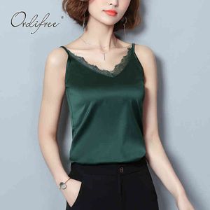 Zomer zijde camis vrouwen satijnen tank wit zwart groen kant haak vintage sexy tops camisole vest 210415